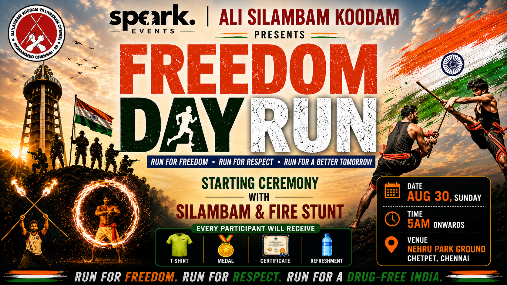 FREEDOM DAY RUN 2026 , Run for the Soldiers &amp; Drugs Free India aug 30th 5am to 6 am